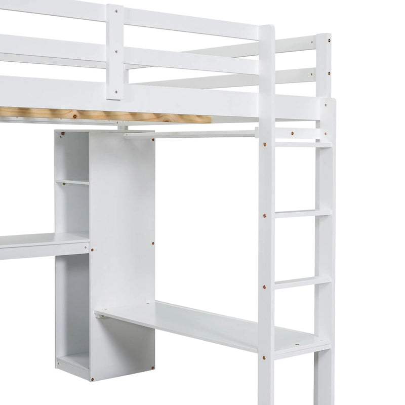 Letto a soppalco in legno massello di pino con scrivania a L, armadio, mensole e 2 cassetti, Bianco/Marrone