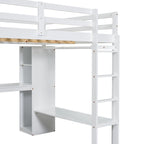 Letto a soppalco in legno massello di pino con scrivania a L, armadio, mensole e 2 cassetti, Bianco/Marrone