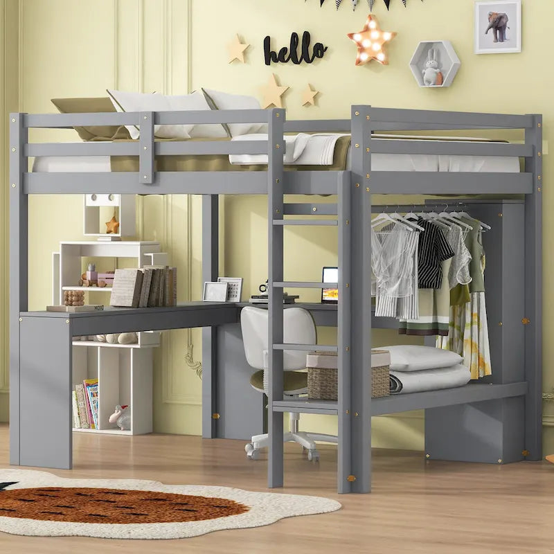 Letto a soppalco in legno massello di pino con scrivania a L, armadio, mensole e 2 cassetti, Bianco/Marrone