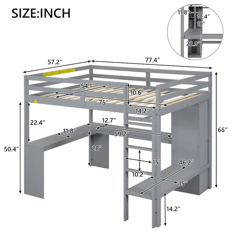 Letto a soppalco in legno massello di pino con scrivania a L, armadio, mensole e 2 cassetti, Bianco/Marrone