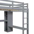 Letto a soppalco in legno massello di pino con scrivania a L, armadio, mensole e 2 cassetti, Bianco/Marrone
