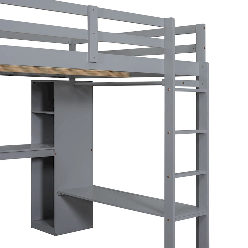 Letto a soppalco in legno massello di pino con scrivania a L, armadio, mensole e 2 cassetti, Bianco/Marrone
