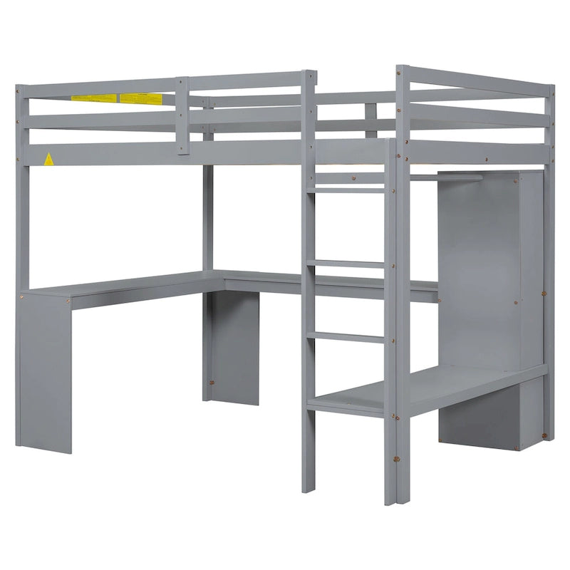 Letto a soppalco in legno massello di pino con scrivania a L, armadio, mensole e 2 cassetti, Bianco/Marrone