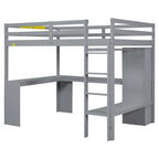 Letto a soppalco in legno massello di pino con scrivania a L, armadio, mensole e 2 cassetti, Bianco/Marrone