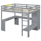 Letto a soppalco in legno massello di pino con scrivania a L, armadio, mensole e 2 cassetti, Bianco/Marrone