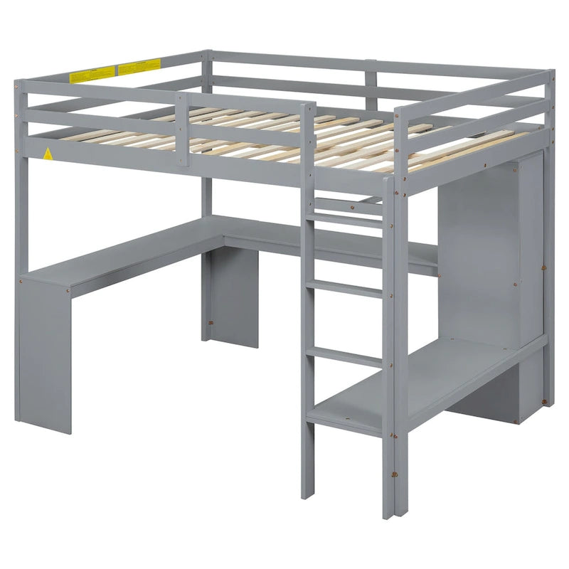 Letto a soppalco in legno massello di pino con scrivania a L, armadio, mensole e 2 cassetti, Bianco/Marrone