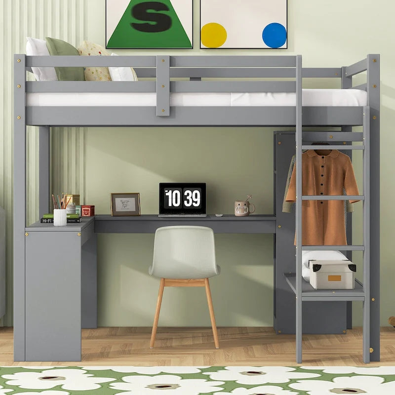 Letto a soppalco in legno massello di pino con scrivania a L, armadio, mensole e 2 cassetti, Bianco/Marrone