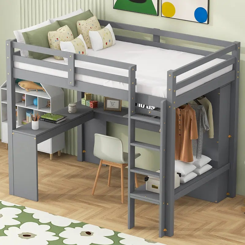 Letto a soppalco in legno massello di pino con scrivania a L, armadio, mensole e 2 cassetti, Bianco/Marrone