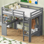 Letto a soppalco in legno massello di pino con scrivania a L, armadio, mensole e 2 cassetti, Bianco/Marrone
