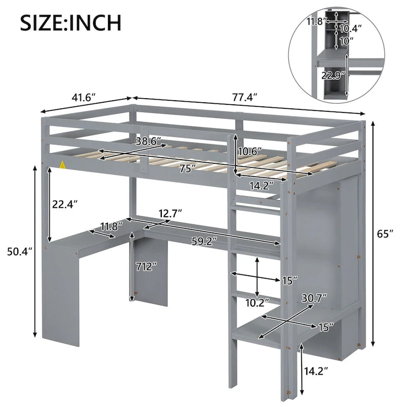 Letto a soppalco in legno massello di pino con scrivania a L, armadio, mensole e 2 cassetti, Bianco/Marrone