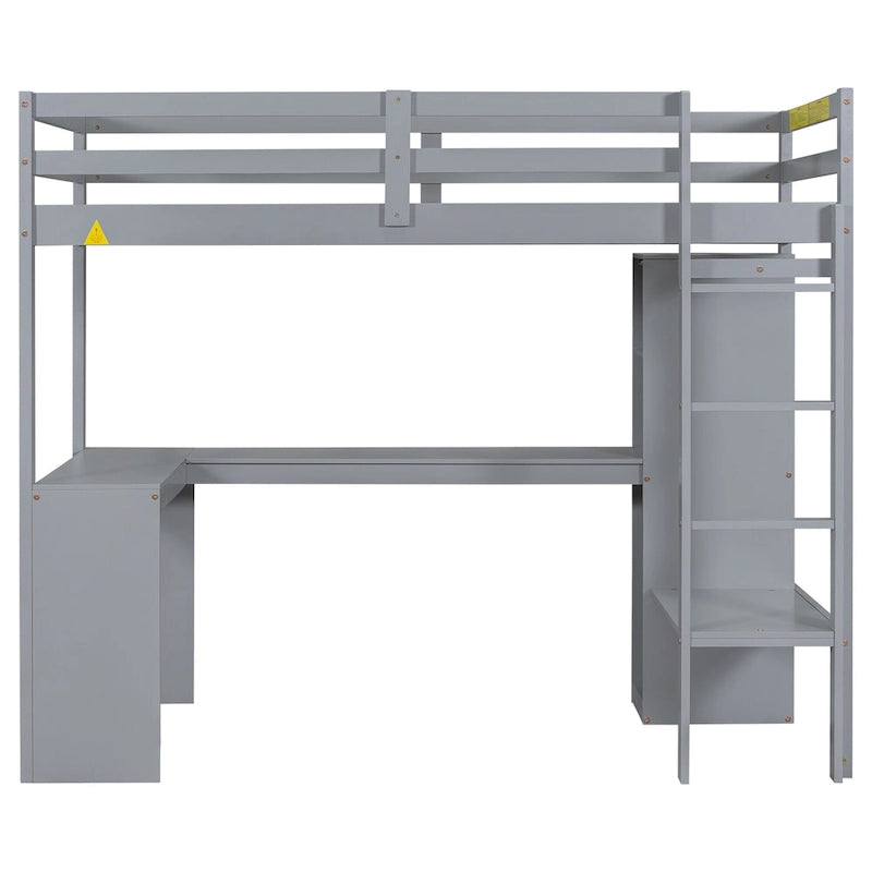 Letto a soppalco in legno massello di pino con scrivania a L, armadio, mensole e 2 cassetti, Bianco/Marrone