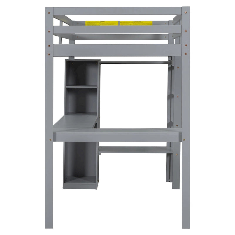 Letto a soppalco in legno massello di pino con scrivania a L, armadio, mensole e 2 cassetti, Bianco/Marrone
