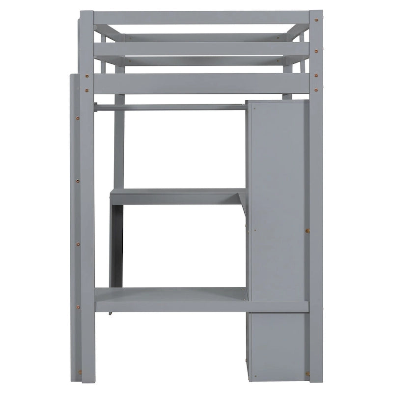 Letto a soppalco in legno massello di pino con scrivania a L, armadio, mensole e 2 cassetti, Bianco/Marrone