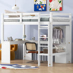 Letto a soppalco in legno massello di pino con scrivania a L, armadio, mensole e 2 cassetti, Bianco/Marrone
