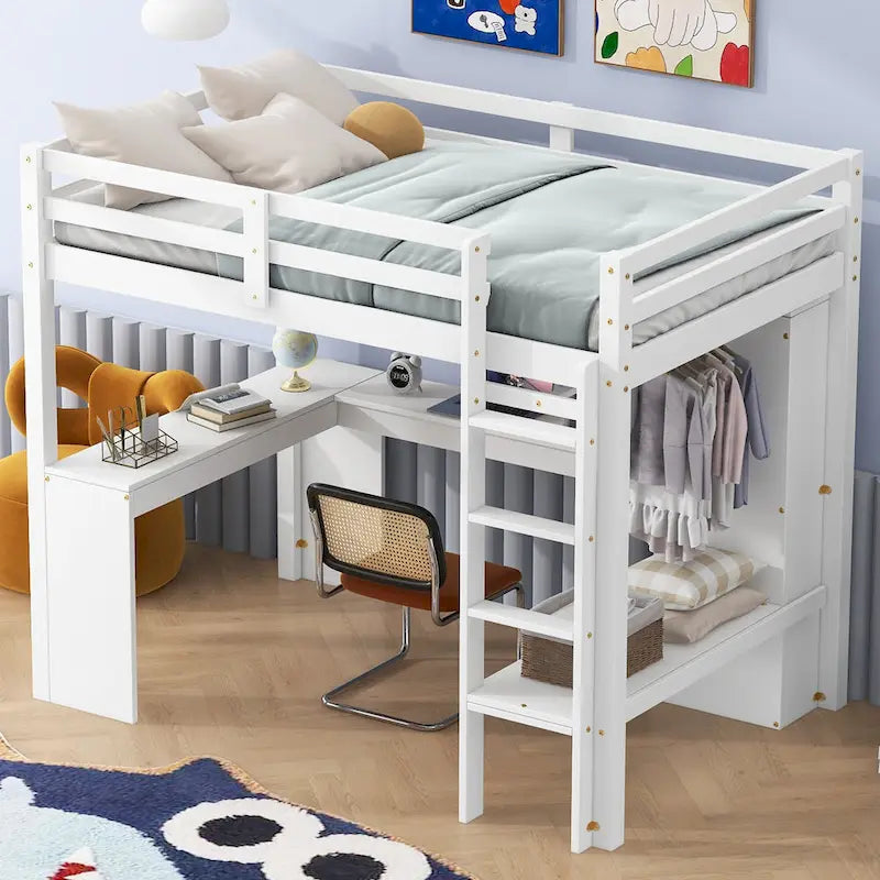Letto a soppalco in legno massello di pino con scrivania a L, armadio, mensole e 2 cassetti, Bianco/Marrone