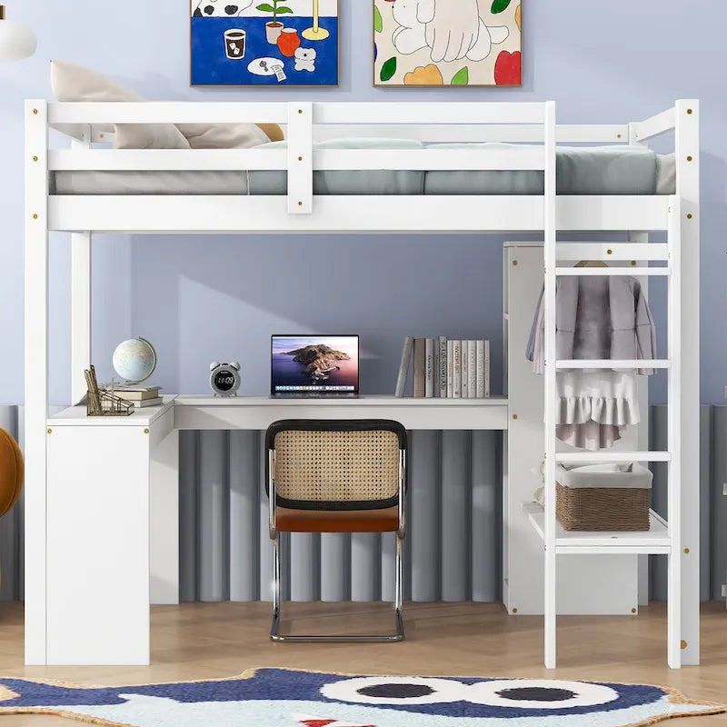 Letto a soppalco in legno massello di pino con scrivania a L, armadio, mensole e 2 cassetti, Bianco/Marrone
