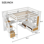Natural+White Full Solid Wood Loft Bed with Desk & Drawers