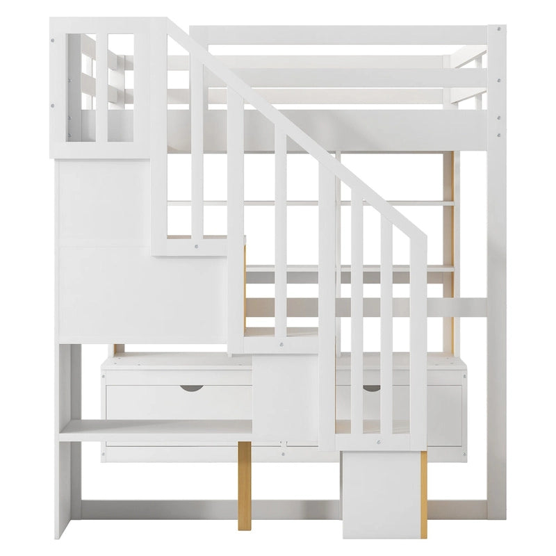 Letto a soppalco in legno massello naturale + bianco con scrivania e cassetti