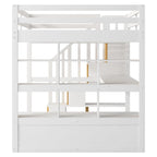 Letto a soppalco in legno massello naturale + bianco con scrivania e cassetti