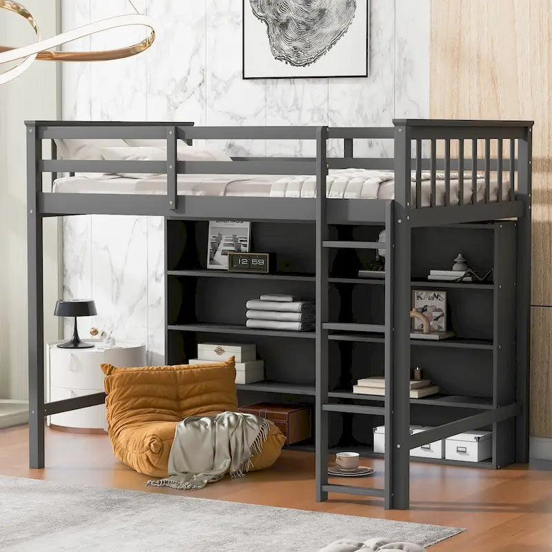 Letto a soppalco singolo con mensole contenitore