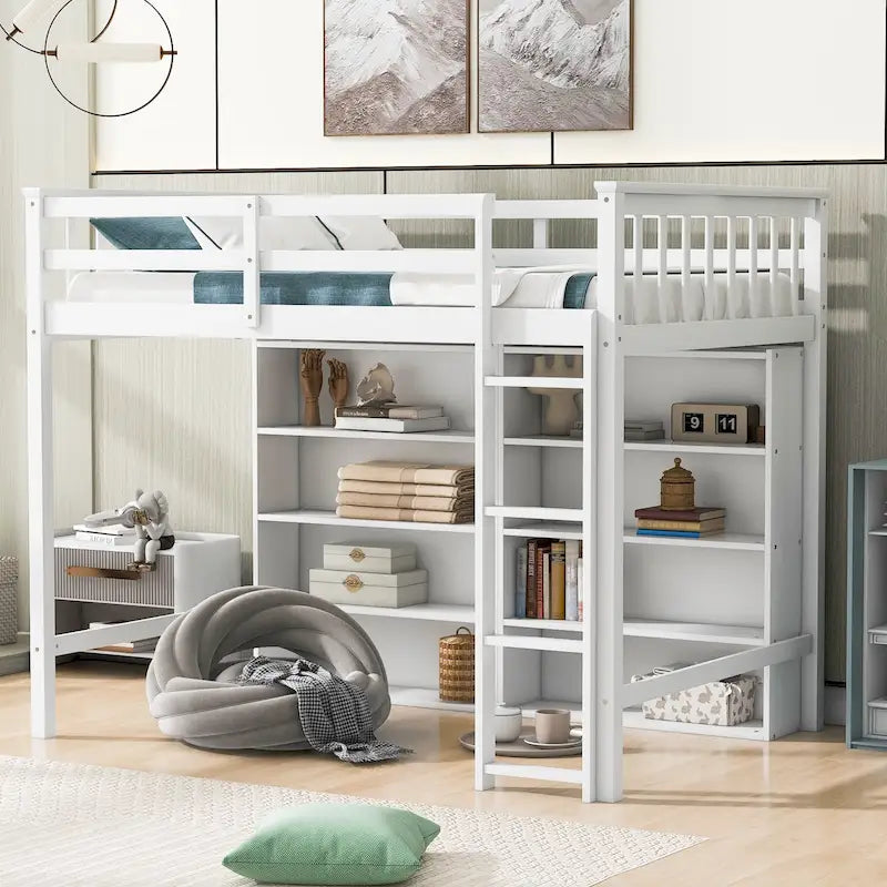 Letto a soppalco singolo con mensole contenitore