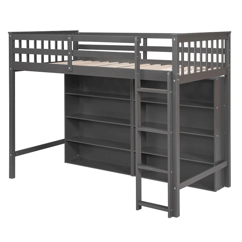 Letto a soppalco singolo con mensole contenitore
