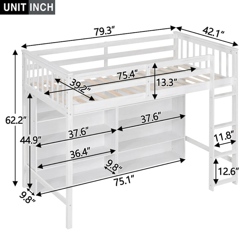 Letto a soppalco singolo con mensole contenitore