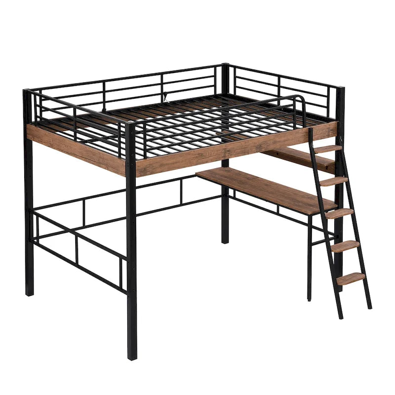 Letto a soppalco matrimoniale in metallo con scrivania integrata, ripiano e scaletta integrata, salvaspazio, 113 kg
