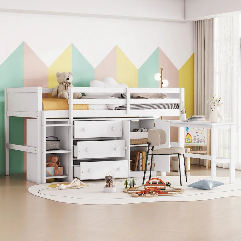 Letto a soppalco basso matrimoniale bianco in legno con scrivania estraibile e cassetti