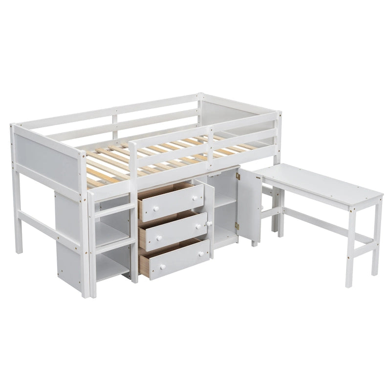 Letto a soppalco basso matrimoniale bianco in legno con scrivania estraibile e cassetti