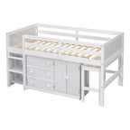 Letto a soppalco basso matrimoniale bianco in legno con scrivania estraibile e cassetti