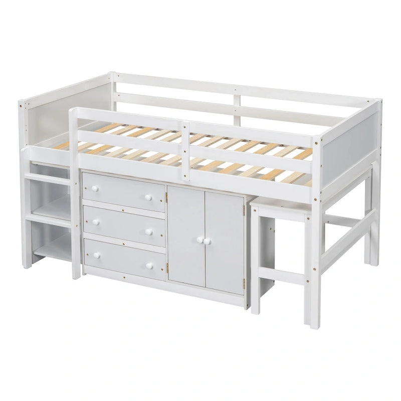 Letto a soppalco basso matrimoniale bianco in legno con scrivania estraibile e cassetti
