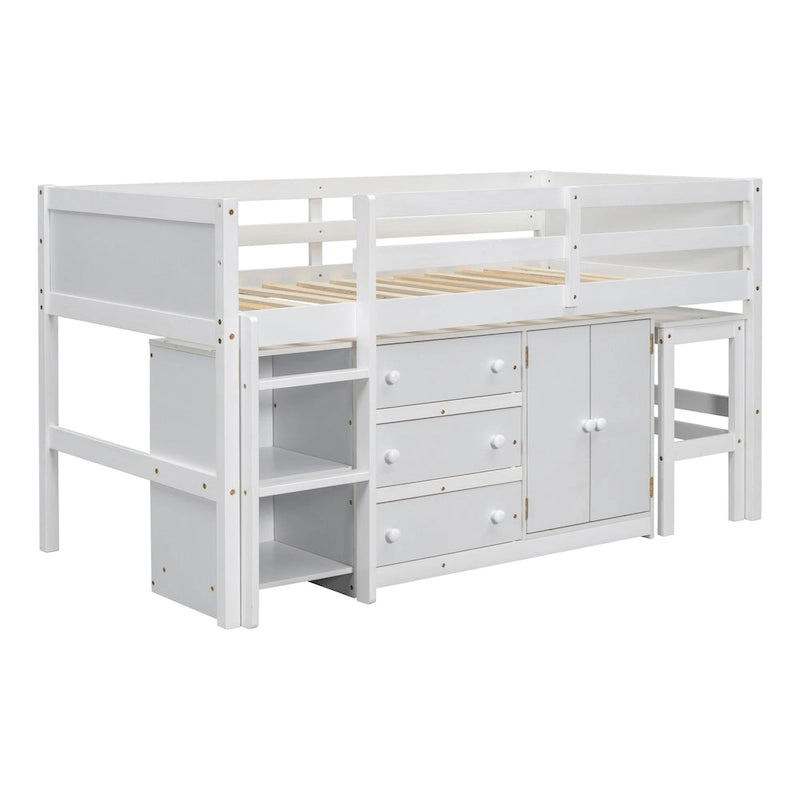 Letto a soppalco basso matrimoniale bianco in legno con scrivania estraibile e cassetti