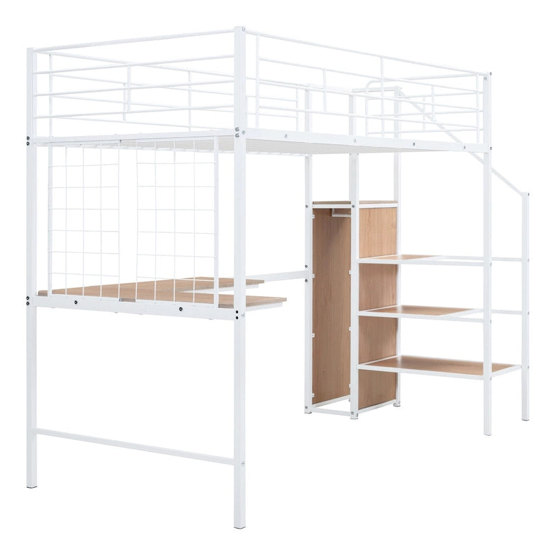 Letto a soppalco matrimoniale in metallo con scrivania a L, scaffali a scala a 3 livelli e armadio, bianco, 113 kg