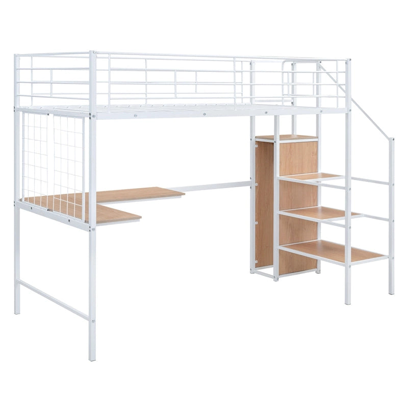 Letto a soppalco matrimoniale in metallo con scrivania a L, scaffali a scala a 3 livelli e armadio, bianco, 113 kg