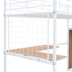 Letto a soppalco matrimoniale in metallo con scrivania a L, scaffali a scala a 3 livelli e armadio, bianco, 113 kg