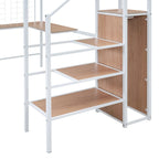 Letto a soppalco matrimoniale in metallo con scrivania a L, scaffali a scala a 3 livelli e armadio, bianco, 113 kg
