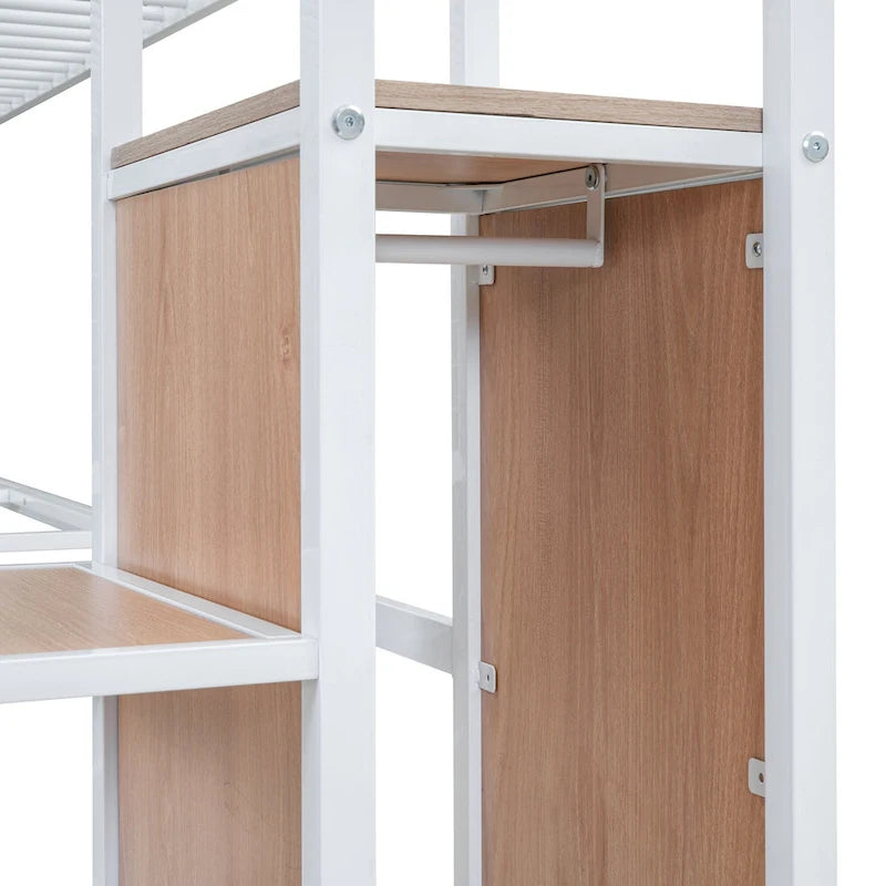 Letto a soppalco matrimoniale in metallo con scrivania a L, scaffali a scala a 3 livelli e armadio, bianco, 113 kg