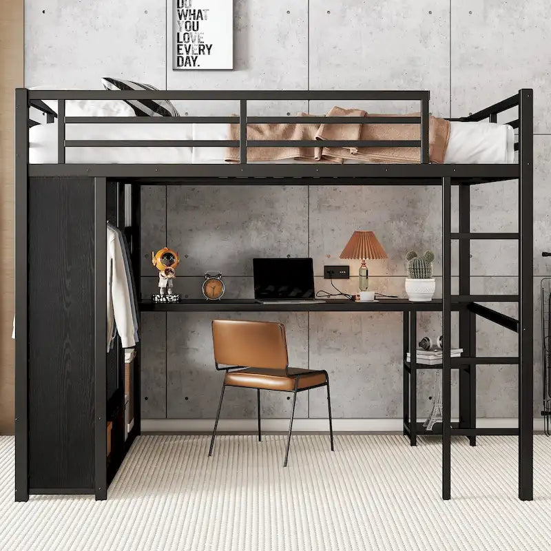 Letto a soppalco Queen nero con armadio integrato, scrivania e ripiani portaoggetti, design salvaspazio
