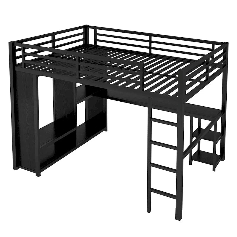 Letto a soppalco Queen nero con armadio integrato, scrivania e ripiani portaoggetti, design salvaspazio