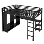 Letto a soppalco Queen nero con armadio integrato, scrivania e ripiani portaoggetti, design salvaspazio