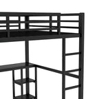 Letto a soppalco Queen nero con armadio integrato, scrivania e ripiani portaoggetti, design salvaspazio