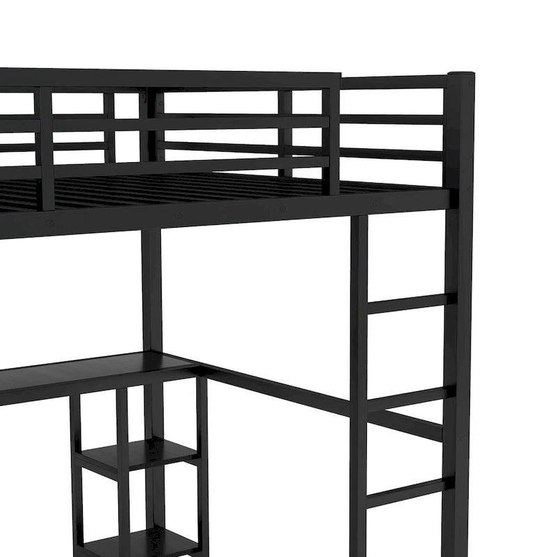 Letto a soppalco Queen nero con armadio integrato, scrivania e ripiani portaoggetti, design salvaspazio