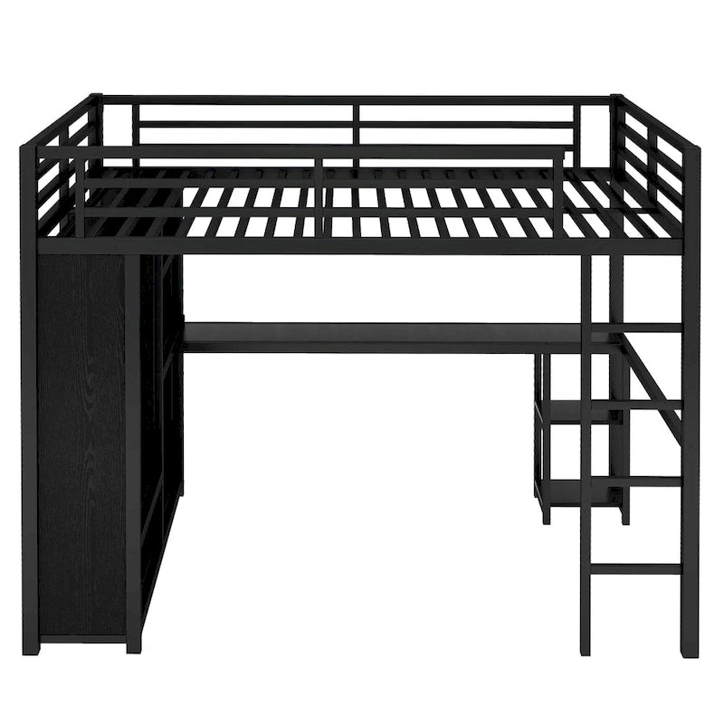 Letto a soppalco Queen nero con armadio integrato, scrivania e ripiani portaoggetti, design salvaspazio