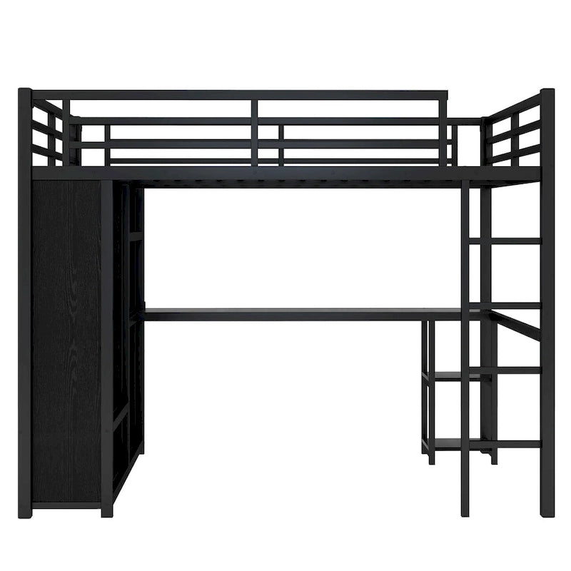 Letto a soppalco Queen nero con armadio integrato, scrivania e ripiani portaoggetti, design salvaspazio