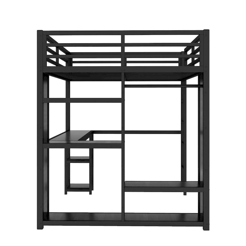 Letto a soppalco Queen nero con armadio integrato, scrivania e ripiani portaoggetti, design salvaspazio
