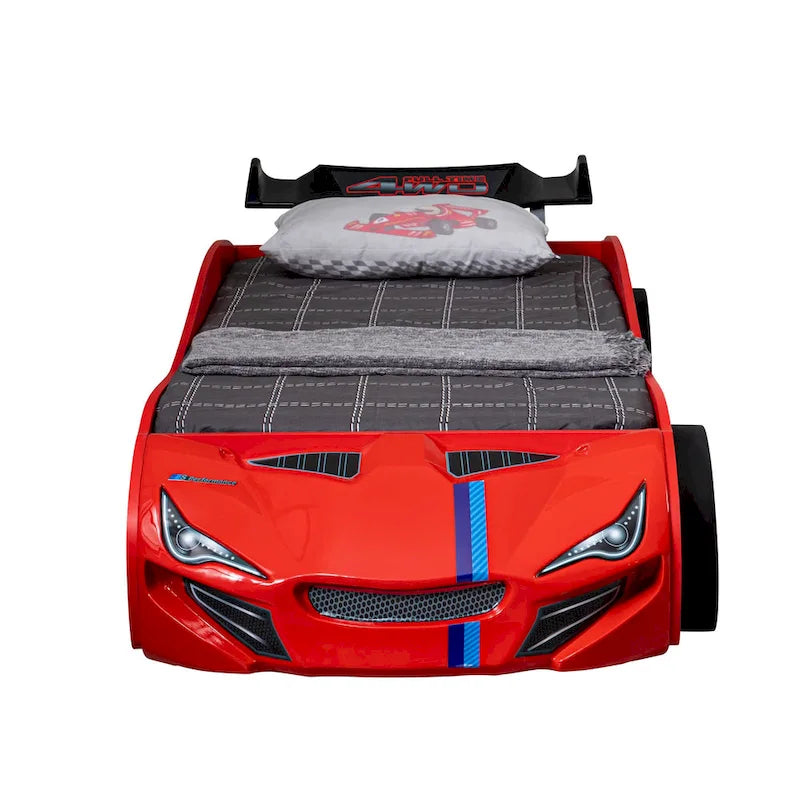 Letto per bambini da corsa a due posti con rotelle estraibili, finitura lucida, nessuna necessità di rete a doghe
