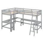 Letto a soppalco a L doppio con 2 scrivanie integrate e scaletta, legno massello, camera studio