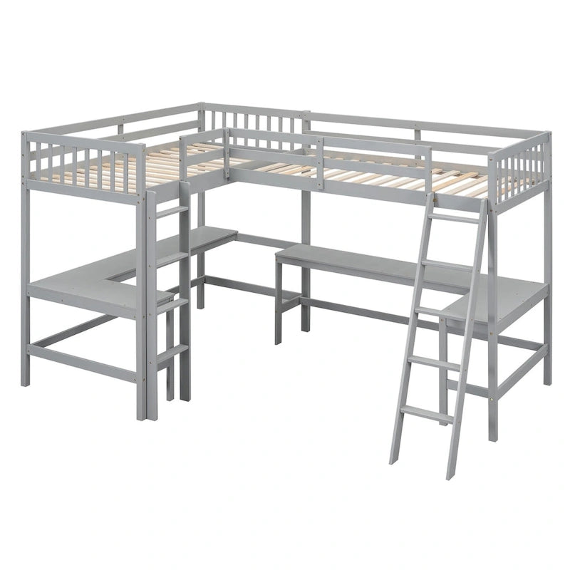 Letto a soppalco a L doppio con 2 scrivanie integrate e scaletta, legno massello, camera studio