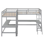 Letto a soppalco a L doppio con 2 scrivanie integrate e scaletta, legno massello, camera studio
